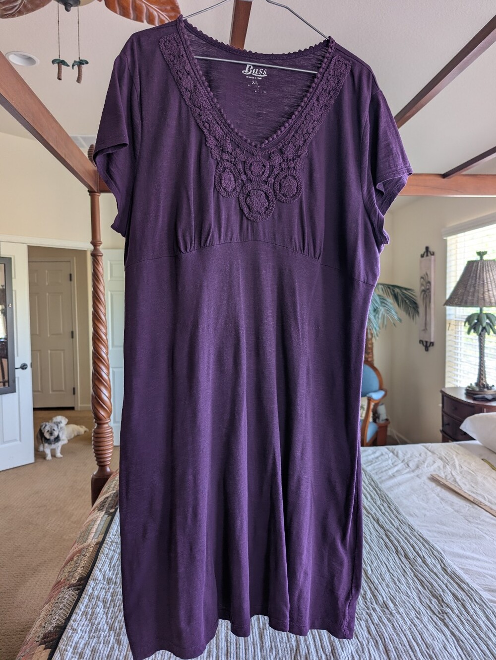 Bass Deep Purple Cotton Casual Dress With Embroidery Detail On Bodice XL